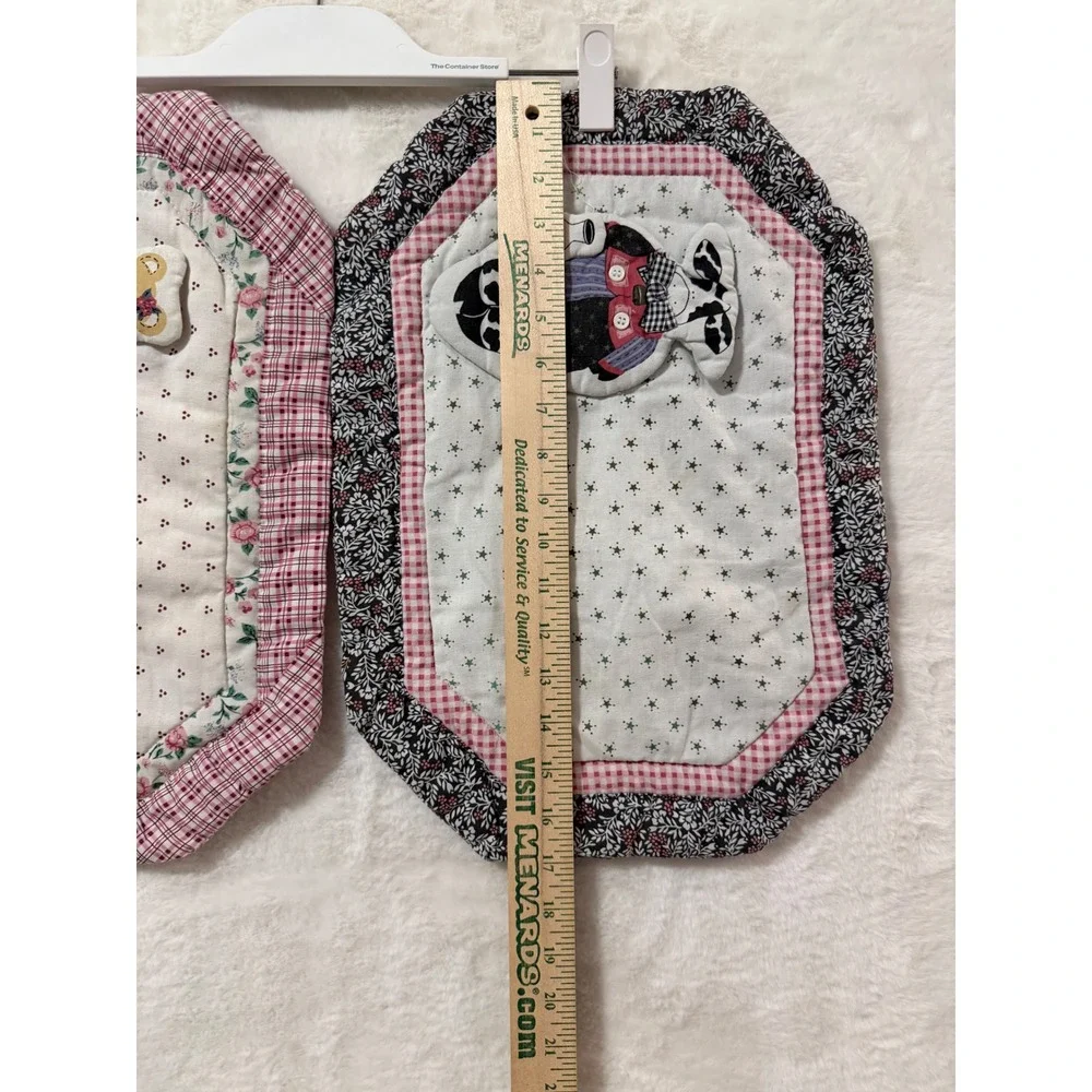 Vintage Quilted Placemats Set 2 Teddy Bear Cow Applique Farmhouse Red Blue